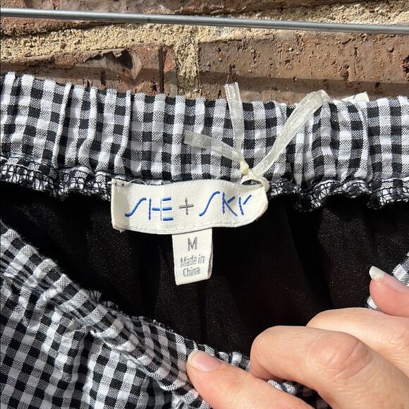 She + Sky Classic Black and White Gingham Drawstring Short Elastic Waist Skirt M - Picture 3 of 16